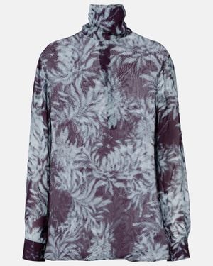 Dries Van Noten Printed Sheer Chiffon Turtleneck Top - Blue