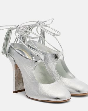 Dries Van Noten Mules Aus Metallic-Leder - Weiß