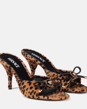 Versace Leopard Opera Bow 95 Shearling Mules - Brown