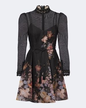 Zimmermann Valiant Floral Linen And Silk Minidress - Black