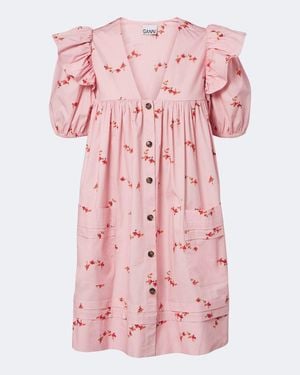 Ganni Floral Ruffled Cotton-Blend Poplin Minidress - Pink