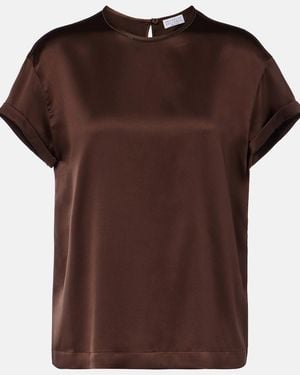 Brunello Cucinelli Monili Silk-Blend Satin T-Shirt - Brown