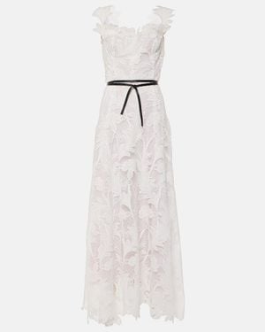 Oscar de la Renta Marbled Carnation Guipure Lace Bustier Gown - White