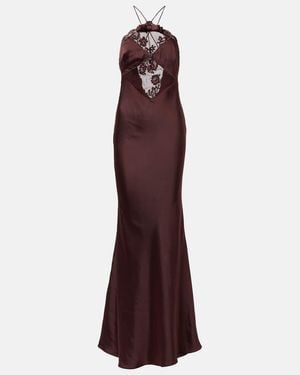 Self-Portrait Lace-Trimmed Halterneck Satin Gown - Purple