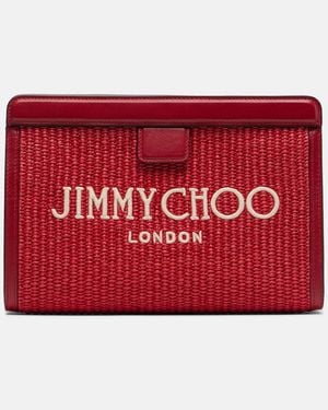 Jimmy Choo Avenue Small Leather-Trimmed Raffia Pouch - Red