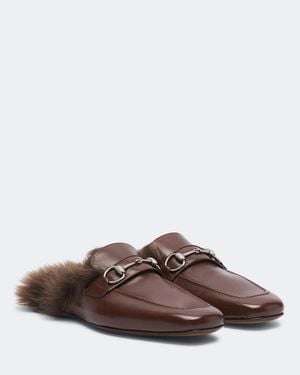 Gucci Larindo Horsebit Shearling-Lined Leather Mules - Brown