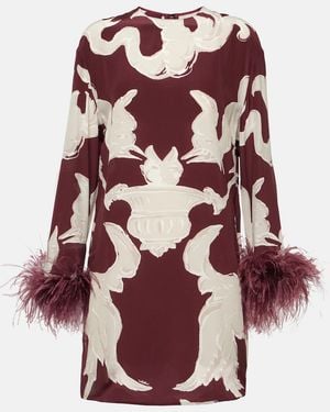Valentino Printed Feather-Trimmed Silk Minidress - Red