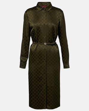 Gucci Gg Belted Satin Jacquard Shirt Dress - Green