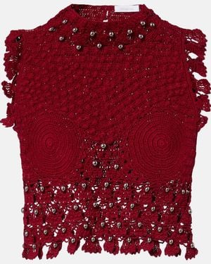 Rabanne Embellished Crochet Cotton Top - Red