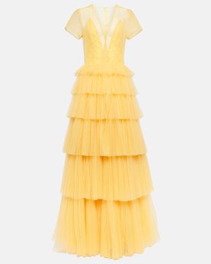 Costarellos Tiered Pleated Tulle Gown - Yellow