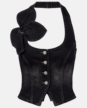 Area Bow-Detail Denim Top - Black