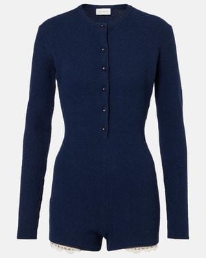Magda Butrym Lace-Trimmed Knitted Cotton-Blend Romper - Blue