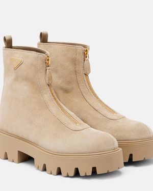 Prada Ankle Boots Aus Veloursleder - Natur