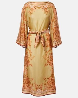 Zimmermann Belted Printed Silk Midi Dress - Metallic
