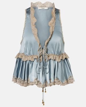 Chloé Lace-Trimmed Silk Satin Top - Blue