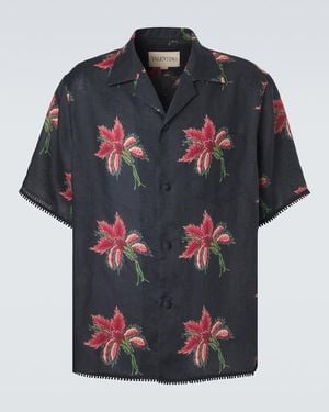 Valentino Floral Lace-Trimmed Linen Bowling Shirt - Black