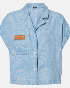 Versace Cropped-Hemd Barocco Aus Chambray - Blau