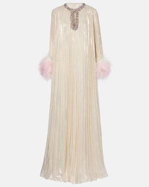 Self-Portrait Embellished Feather-Trimmed Silk-Blend Maxi Dress - Natural