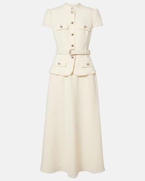 Self-Portrait Belted Peplum Crepe Midi Dress - Natural