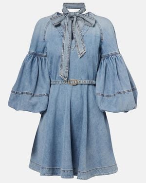 Zimmermann Tie-Neck Puff-Sleeve Denim Minidress - Blue