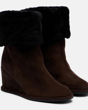 Yves Salomon Shearling-Lined Suede Wedge Ankle Boots - Black