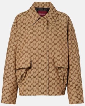 Gucci Gg Canvas Leather Bomber Jacket - Brown