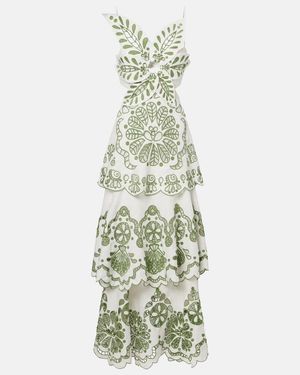 FARM Rio Broderie Anglaise Tiered Linen Maxi Dress - Green
