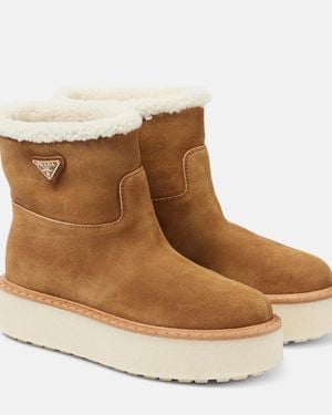 Prada Shearling-Lined Suede Ankle Boots - Brown