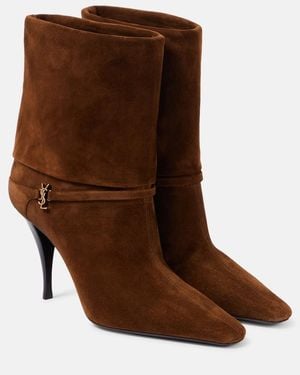 Saint Laurent Suede Stiletto Boots With Metal Monogram - Brown