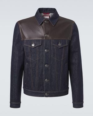 Brunello Cucinelli Leather-Paneled Denim Jacket - Blue