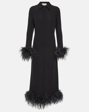 Valentino Feather-Trimmed Silk Midi Dress - Black