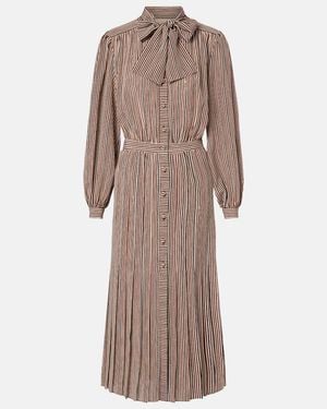 Valentino Striped Tie-Neck Silk Midi Dress - Brown