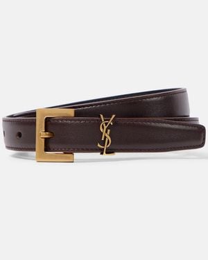 Saint Laurent Cassandre Slim Leather Belt - Brown