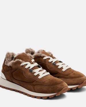 Brunello Cucinelli Runner Monili Suede And Canvas Trainers - Brown
