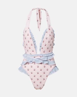 Montce Costume Intero Tropez Con Stampa E Volant - Bianco