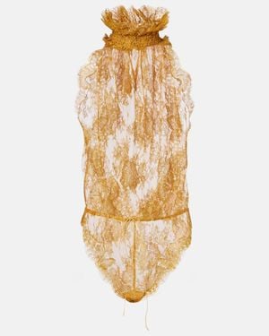Saint Laurent Silk-Trimmed Lace Bodysuit - Metallic