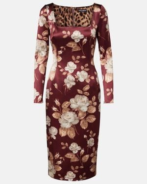 Dolce & Gabbana Vintage Rose Print Satin Midi Pencil Dress - Multicolour