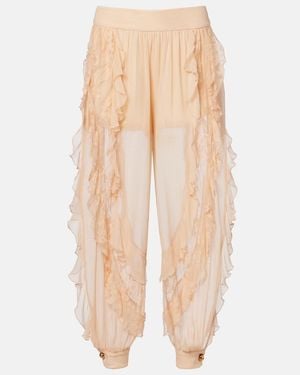 Zimmermann Rebellion Splice Ruffled Silk Tapered Trousers - Natural