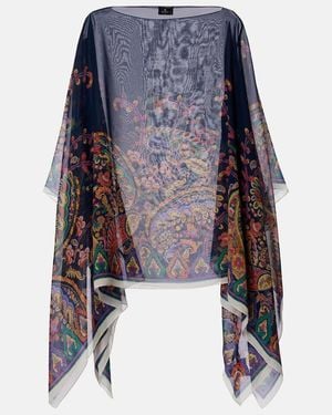 Etro Printed Silk Crepe De Chine Poncho - Blue