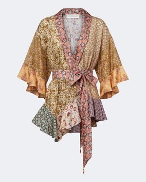 Zimmermann Fairlight Printed Silk Habotai Wrap Top - Natural
