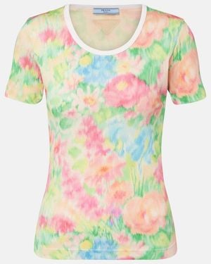 Prada Triangle-Appliqué Printed Ribbed Cotton-Jersey T-Shirt - Multicolour