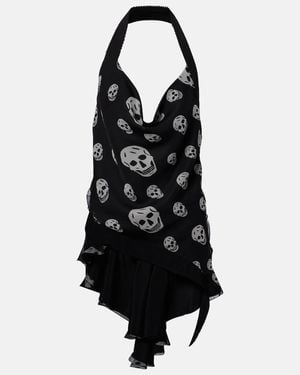 McQueen Skull Asymmetric Halterneck Chiffon Top - Black