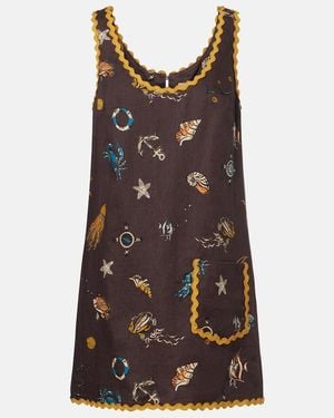 ALÉMAIS Printed Scalloped Linen Minidress - Brown