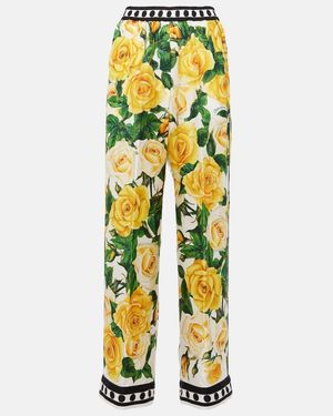 Dolce & Gabbana Floral High-Rise Silk Wide-Leg Trousers - Yellow