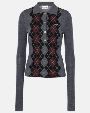 Ganni Argyle Wool Polo Jumper - Blue