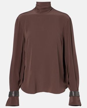 Brunello Cucinelli Monili Turtleneck Silk Blouse - Brown