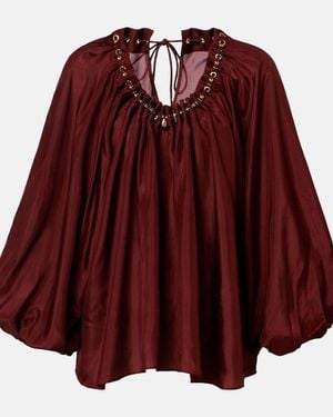 Zimmermann Aster Asymmetric Beaded Silk Habotai Blouse - Red