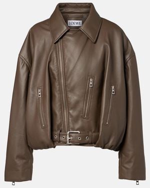 Loewe Cropped Leather Biker Jacket - Brown
