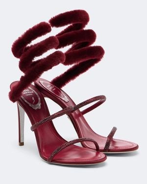 Rene Caovilla Cleo Embellished Shearling-Trimmed Sandals - Red