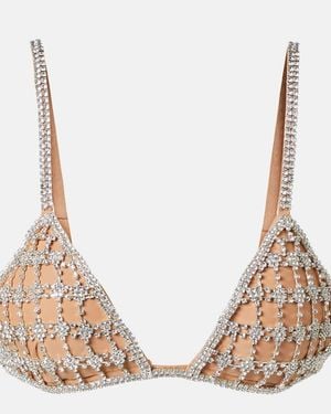 Self-Portrait Crystal-Embellished Mesh Bra Top - Natural